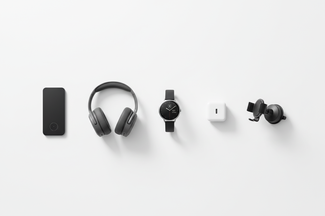 clean and trustworthy ecommerce hero banner,
pure white background,
natural studio lighting,

a curated selection of smart electronics neatly arranged:
phone charger, wireless headphones, smartwatch, smart plug, car phone mount,
realistic product appearance,
soft shadows, balanced spacing,

minimalist and modern design,
no futuristic elements,
no aggressive promotions,
shopify electronics store homepage banner,
high conversion focused,
professional and clean look,
high quality
