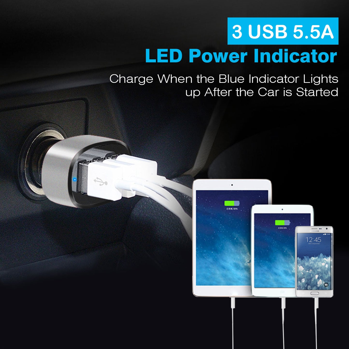 1Pc 3Port USB Car Charger  30W 5.5A